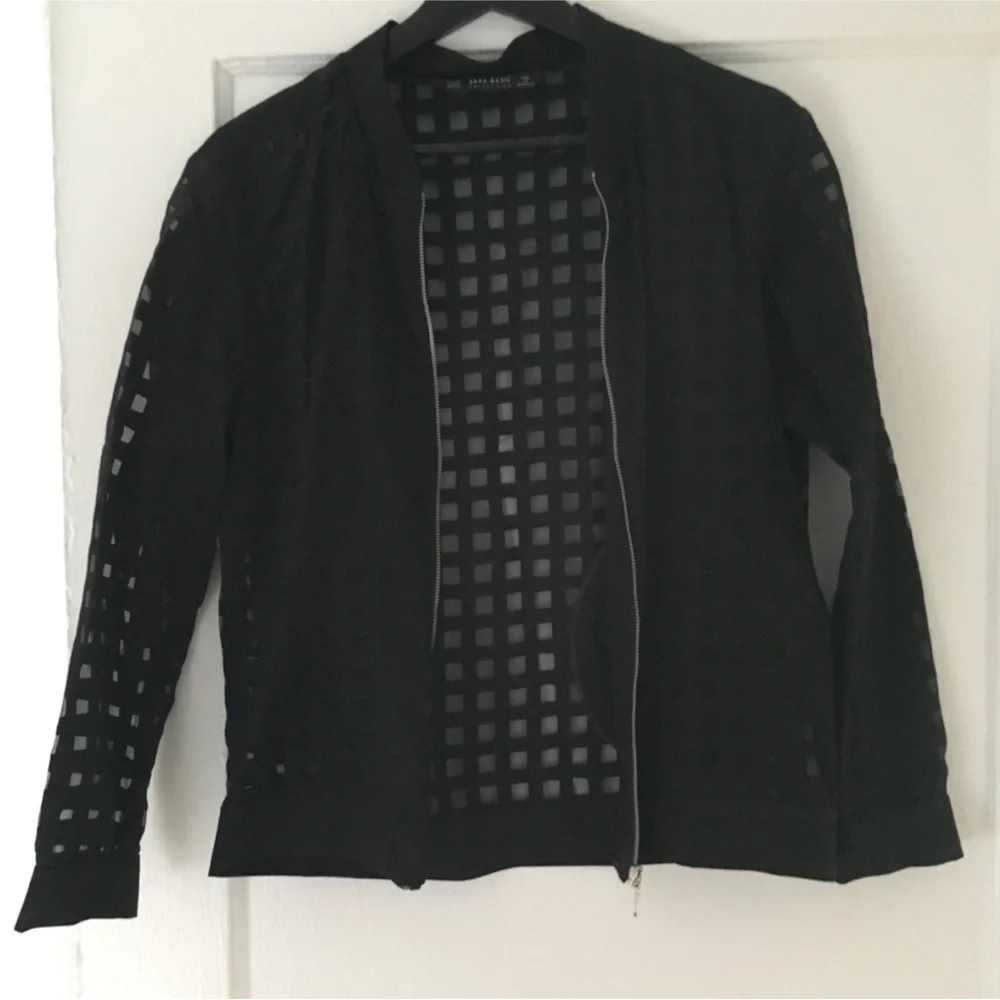 RARE! NWOT Zara Sheer Checkered Bomber Jacket / Cardigan - sz S, Black